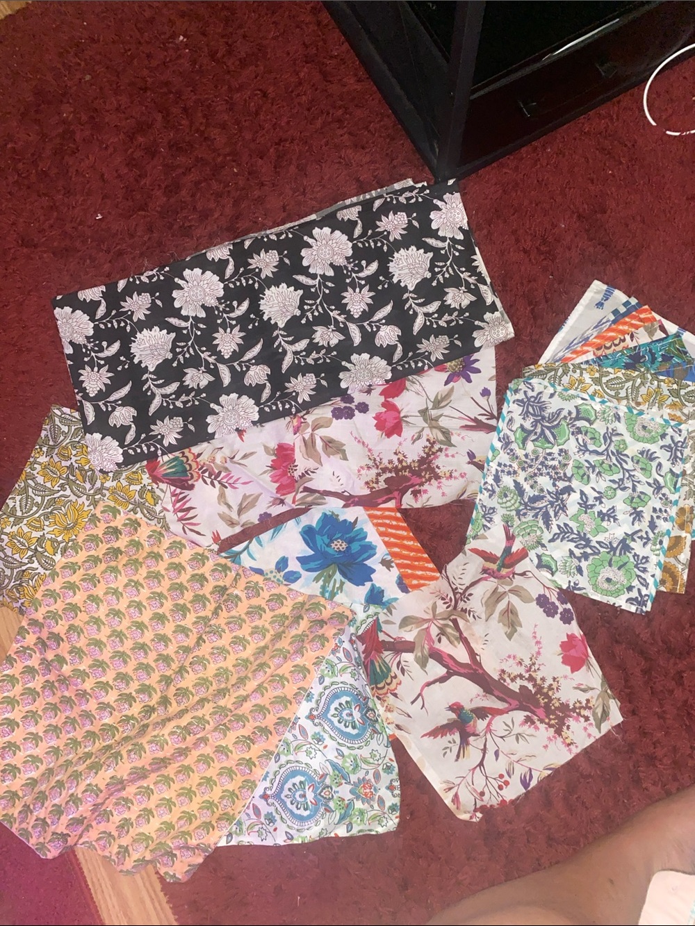 Assorted Floral and Botanical Fabric Squares from India, 1 Kantha pillow cover
